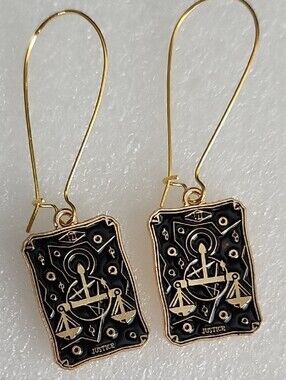Hand Crafted Gold and Black Justice Tarot Drop Earrings - Women Jewelry